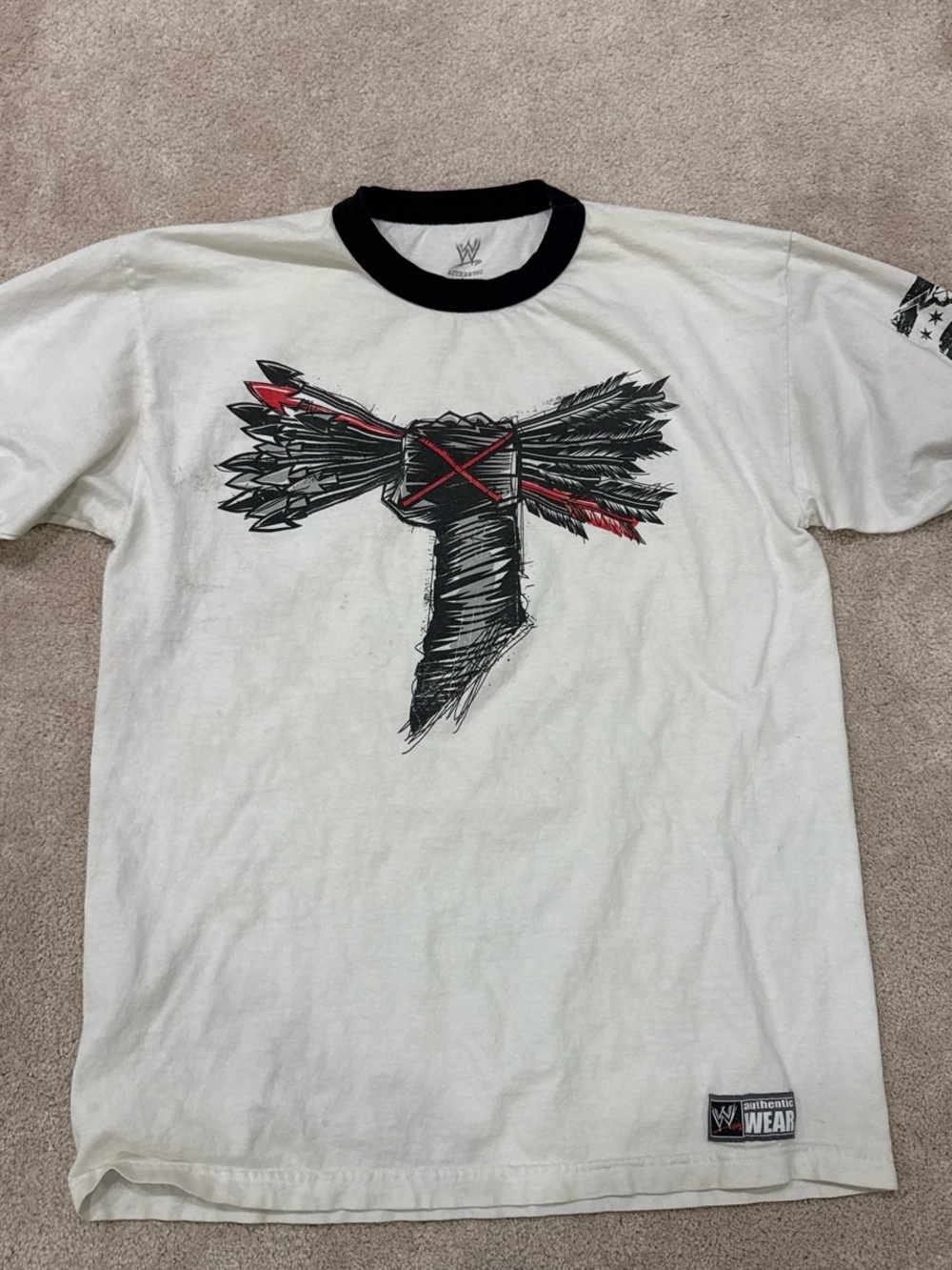 WWE White Ringer Tee with Black Collar and Red/Black Arrow Graphic
